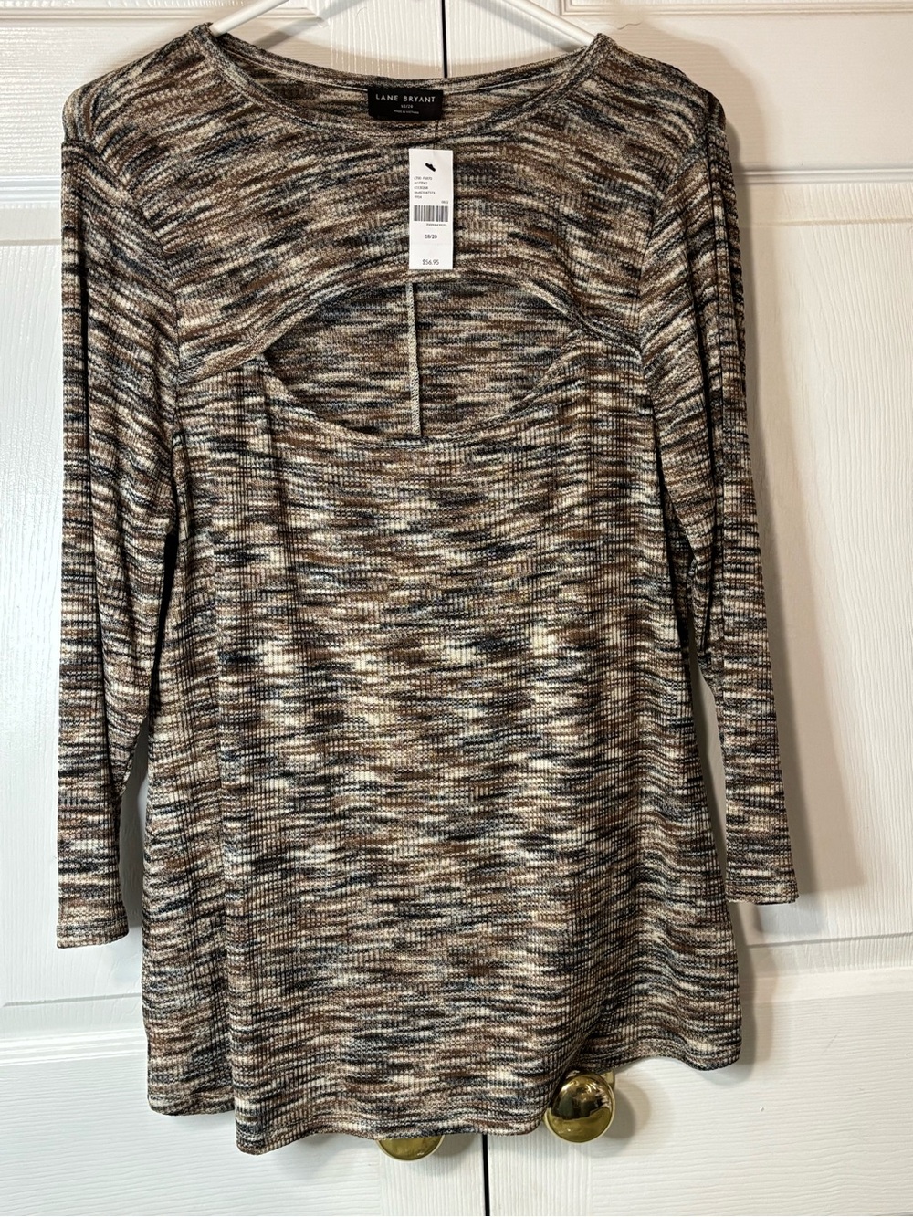 Lane Bryant Taupe Multi-Pattern Ribbed Long-Sleeve Top with Keyhole New Sz 18/20